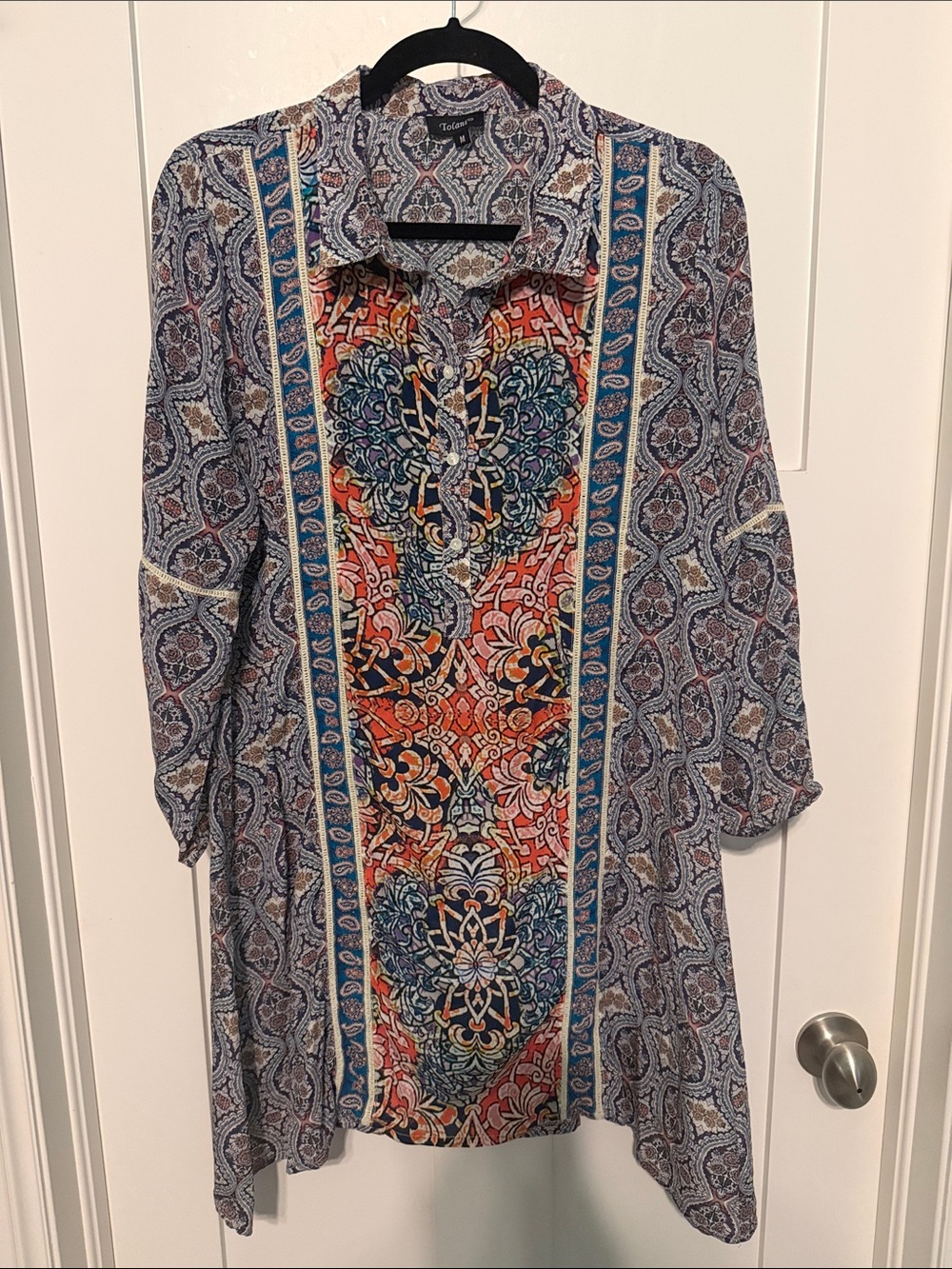 Tolani 100% Silk Blue, Orange & Cream Printed Bohemian Festival Mini Dress